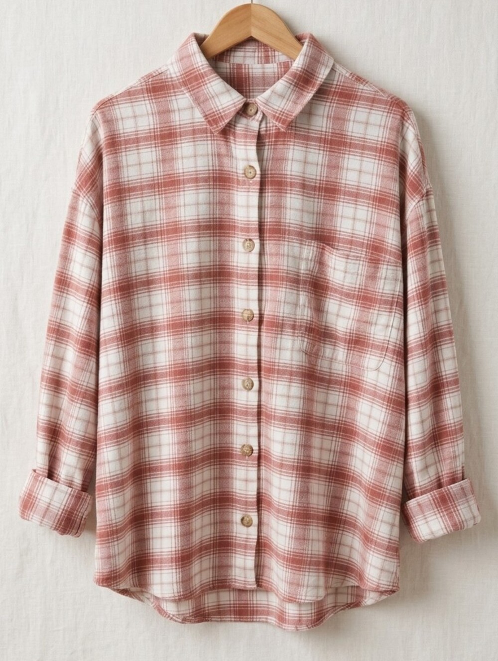 American Eagle Oversized Plaid Flannel Shirt XXL Dusty Pink Cream Button Front